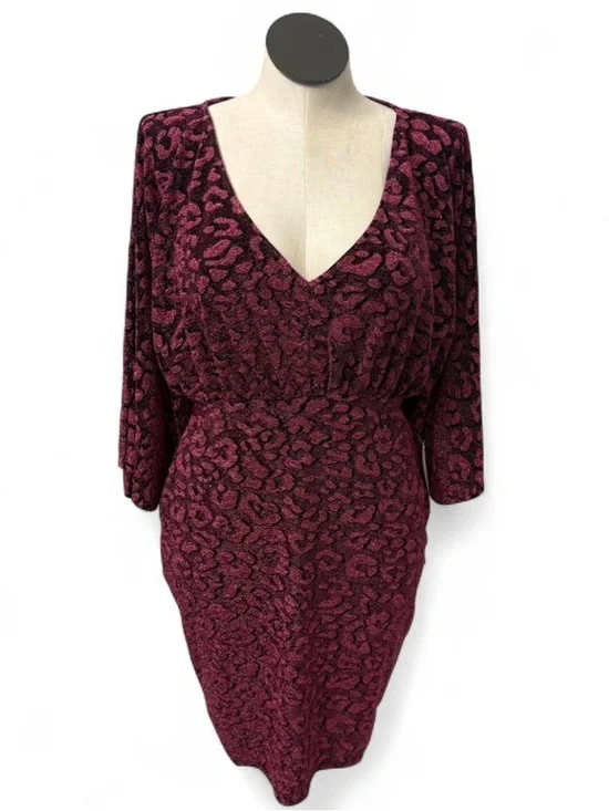 VENUS Plum Large Metallic Animal-Print V-Neck Long Sleeve Dress - Picture 1 of 6